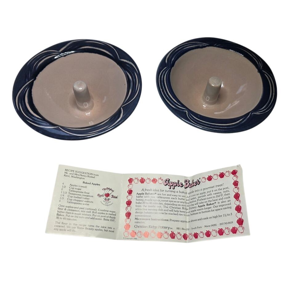 Christian Ridge Pottery Apple Baker Set of 2 Blue Stoneware w Recipe Card - Picture 7 of 9